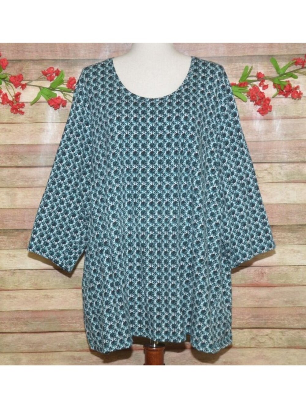 Catherines Womens 2X 22/24W Teal Print Cotton Stretch 3/4 Sleeve Tunic Top